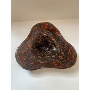Murano Style Art Glass Bowl Ashtray Black W/ Golden Amber Copper Flakes Thick